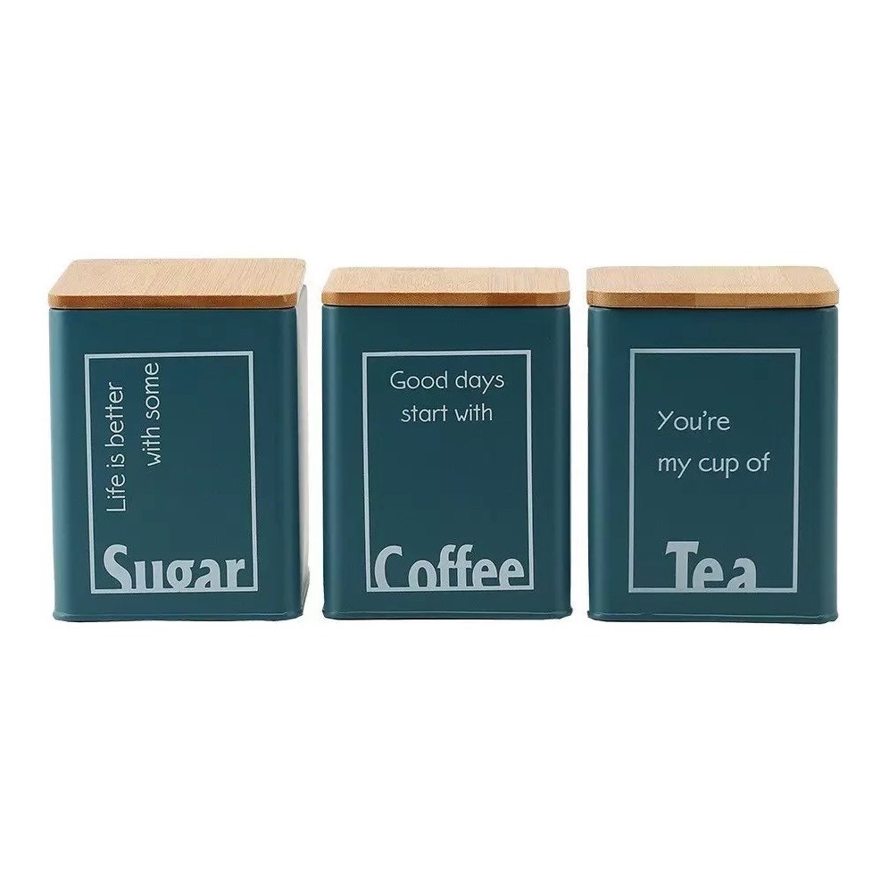 Kit C 3 Latas Porta Condimento Verde C Tampa Bambu Café Chá