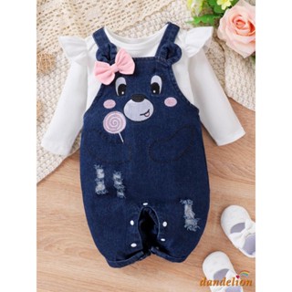Conjunto DDL-2pcs Para 0-18 Meses Baby Girls Manga Longa Romper + Macacão Bordado De Urso
