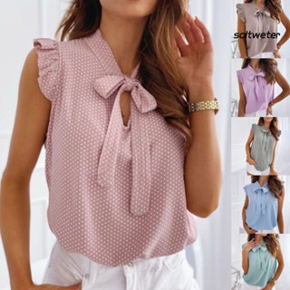 ST Blusa De Manga Curta Polka Dot Women Ruffle Bowknot Camisa Para Namoro