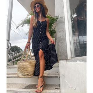 Vestido Longo De Alcinha Forrado Modelo Botão E Babado Poa Elegante 2759