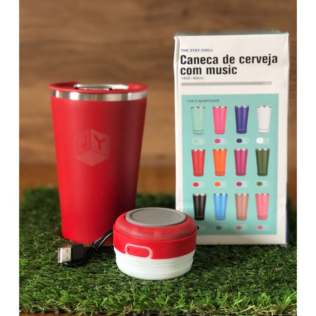 Copo Térmico com caixa de som Bluetooth 420ml Tampa com Abridor