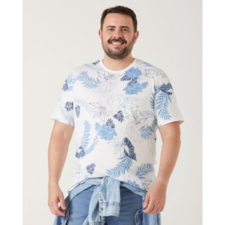 Camiseta Masculina Plus Size Folhagem Decote Redondo Meia Malha