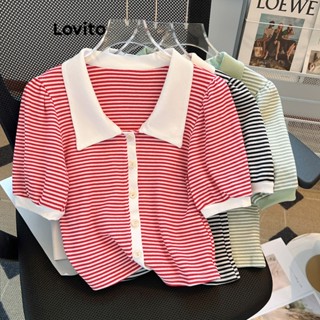 Lovito Camiseta Casual Listrada Com Botão Frontal Para Mulheres LNE37034 (Vermelho/Verde/Preto)