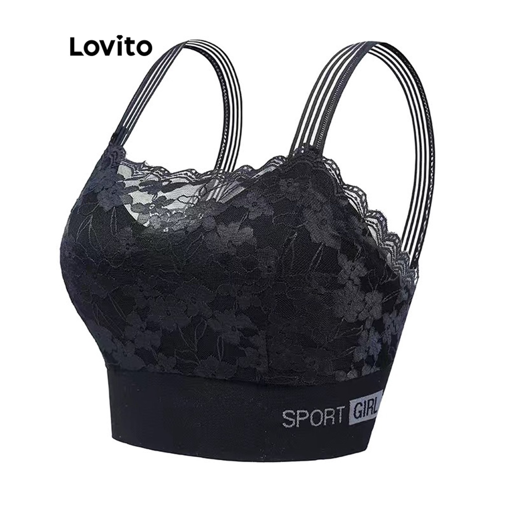 Lovito Casual Sutiã Bralette Feminino de Renda com Texto e Bojo LNA15004 (Branco/Preto)