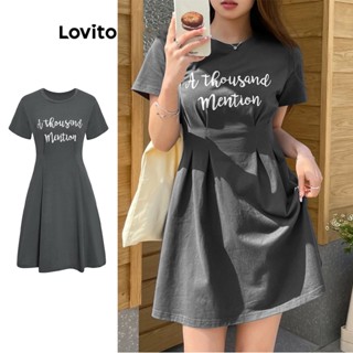Lovito Casual Vestido Feminino Liso Plissado com Estampa L68ED336 (Cinza)