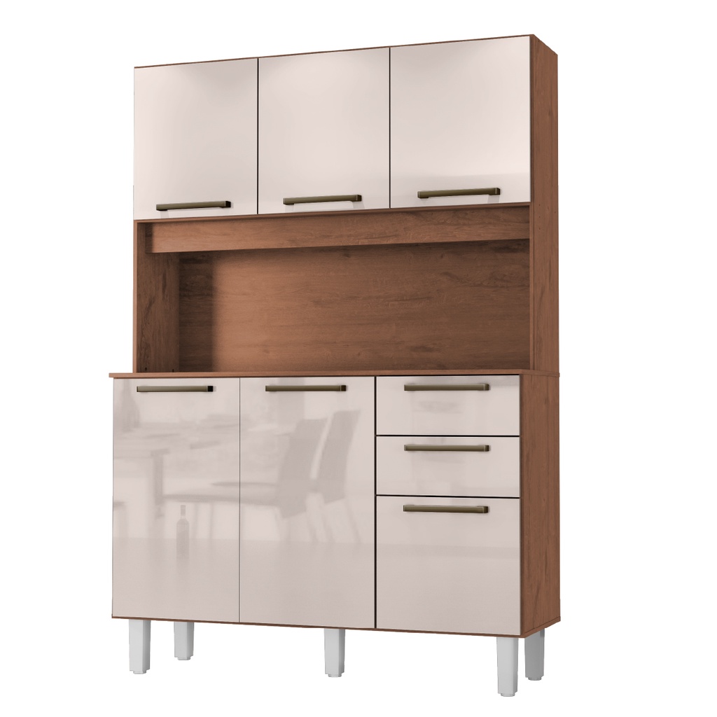Armário de Cozinha Completa Compacta 6 Portas 2 Gavetas 1,20m Pop Nature / Off White Zanzini - Home & Living