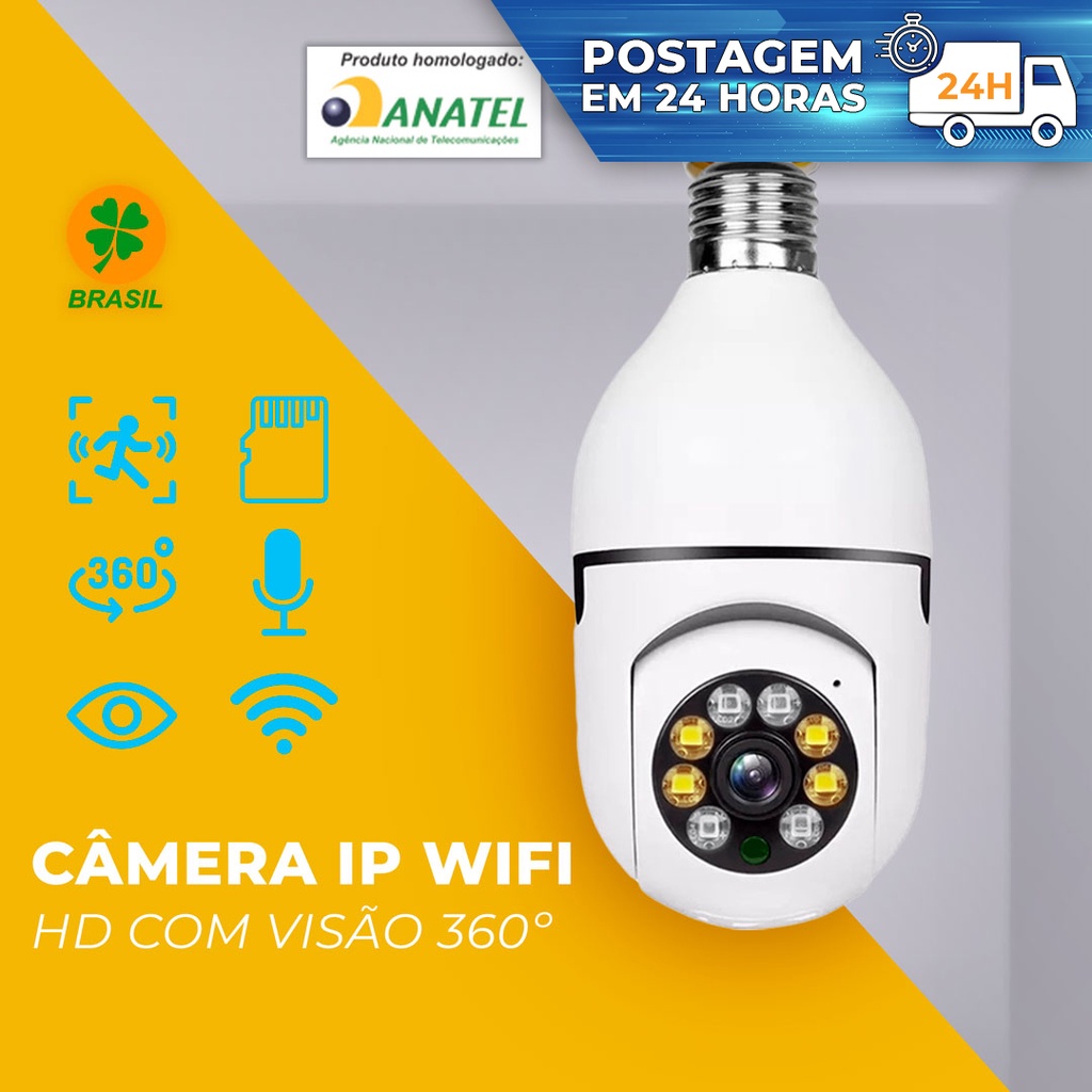 Câmera Wi-fi de Segurança 360 graus IP sem fio com encaixe lampada bocal E27 visão noturna microfone auto falante Panoramica Yoosee- Bivolt