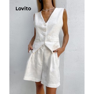 Lovito Conjuntos Elegantes De Shorts Simples Com Botões Para Mulheres LNL36038 (Branco)