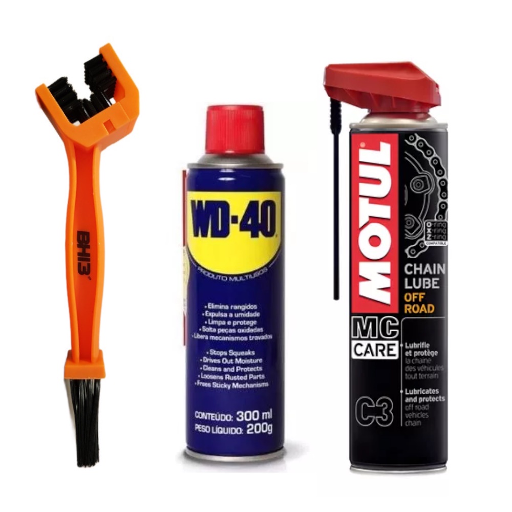 KIT LIMPEZA CORRENTE WD-40 + MOTUL MC CARE C3 + ESCOVA
