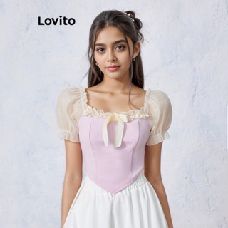 Lovito Blusa com Laço Frontal Mangas Bufantes e Linhas Estruturais Lisa e Fofa para Mulheres L55AD097 (Rosa)