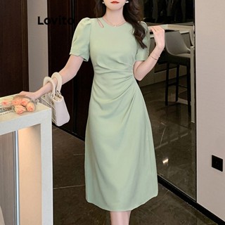 Lovito Vestido Casual Com Recorte Simples E Franzido Para Mulheres LNE37387 (Verde Preto)