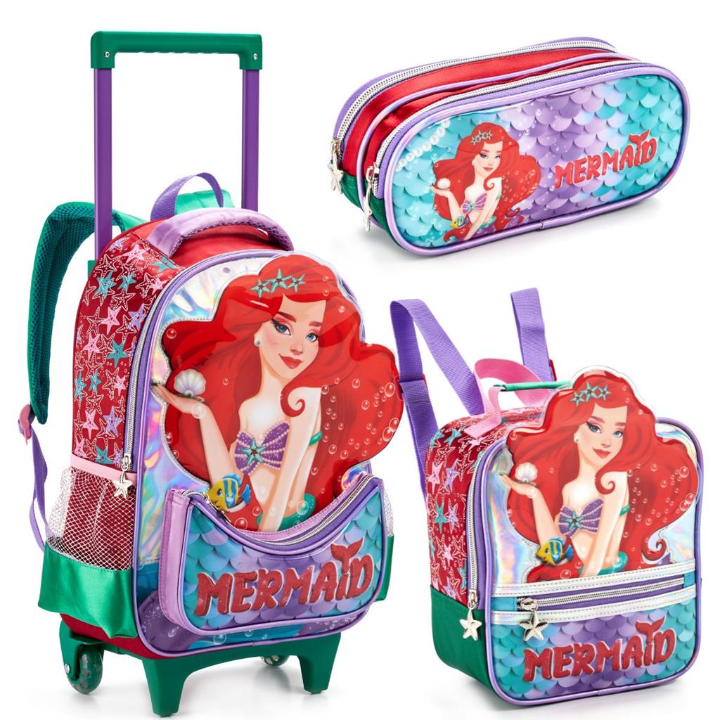 Kit Mochila Rodinhas Lancheira Estojo Ariel Sereia Denlex