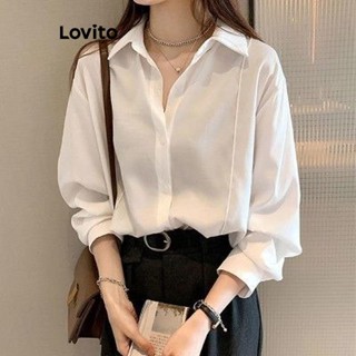 Lovito Blusa Básica Elegante Com Botão Liso Frontal Para Mulheres LNE38330 (Branco Azul)
