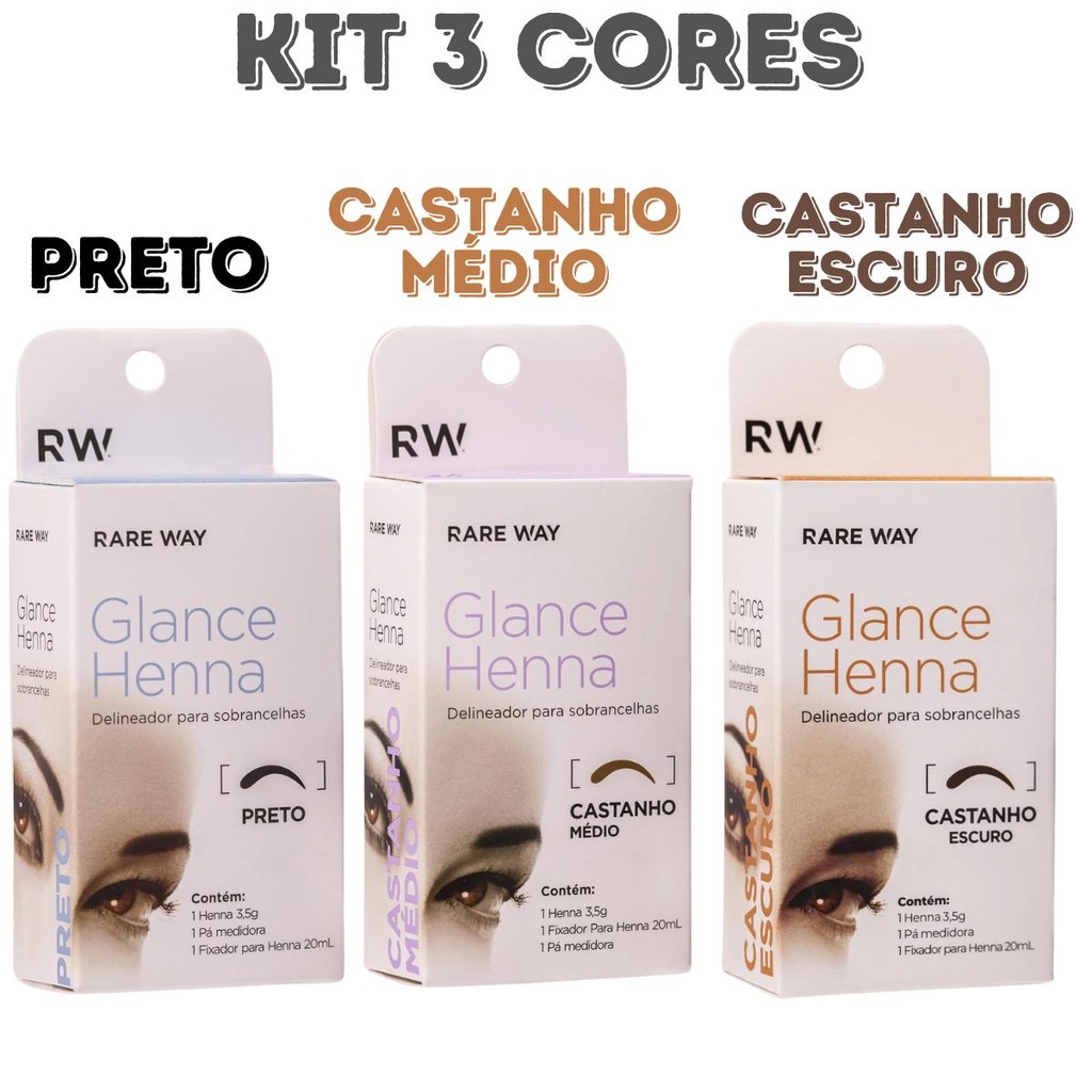 Kit 3 Cores Henna Sobrancelha Glance - Rare Way - Preto - Castanho Escuro e Castanho Médio