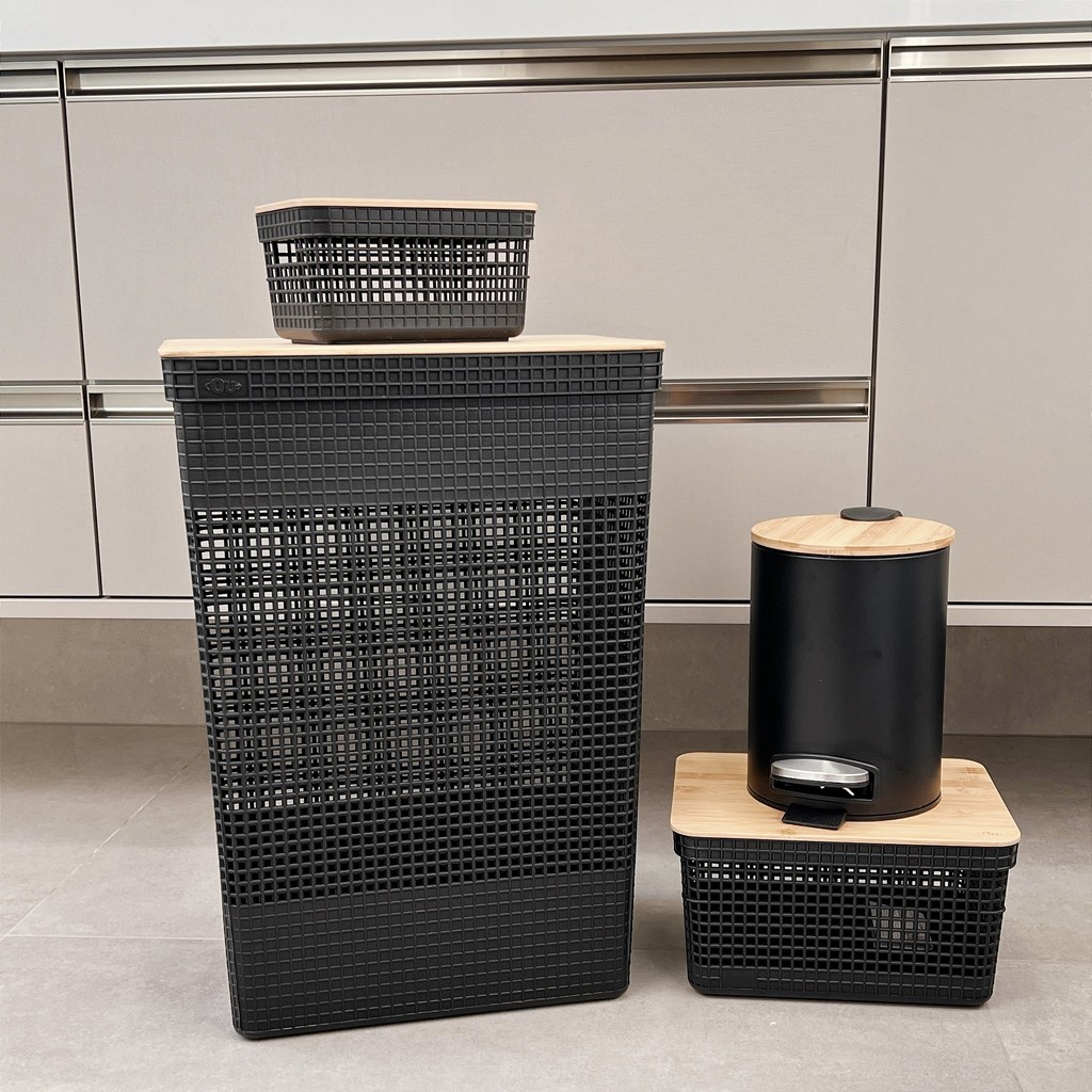 KIT 4 PEÇAS CESTOS GRID E LIXEIRA DE BAMBU BANHEIRO ORGANIZAÇÃO ROUPA SUJA