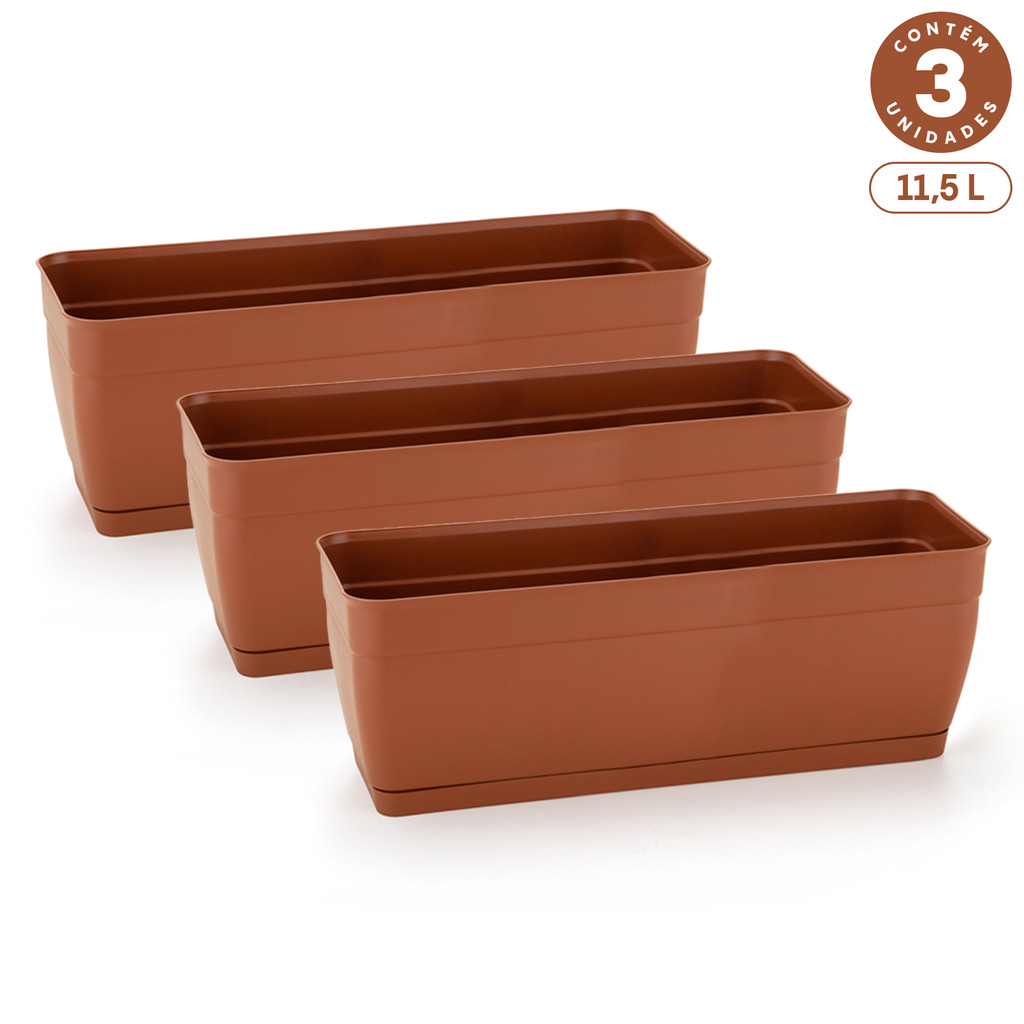 Kit 3 Floreiras com Prato Anti-Dengue 11,5L Jardineiras Vasos Plásticos Retangulares Diversas Cores em Oferta na Shopee