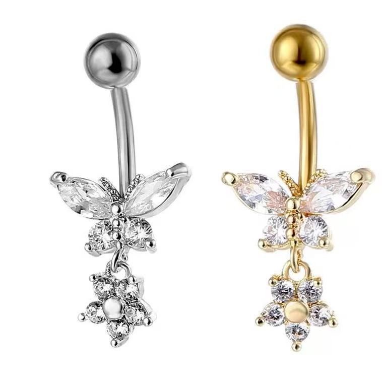 Piercing De Umbigo Prata/Dourado Pendurado Pedra Borboleta Flor