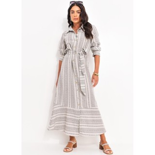 Vestido  Em Linho Fio Tinto Natural Quintess em Oferta na Shopee