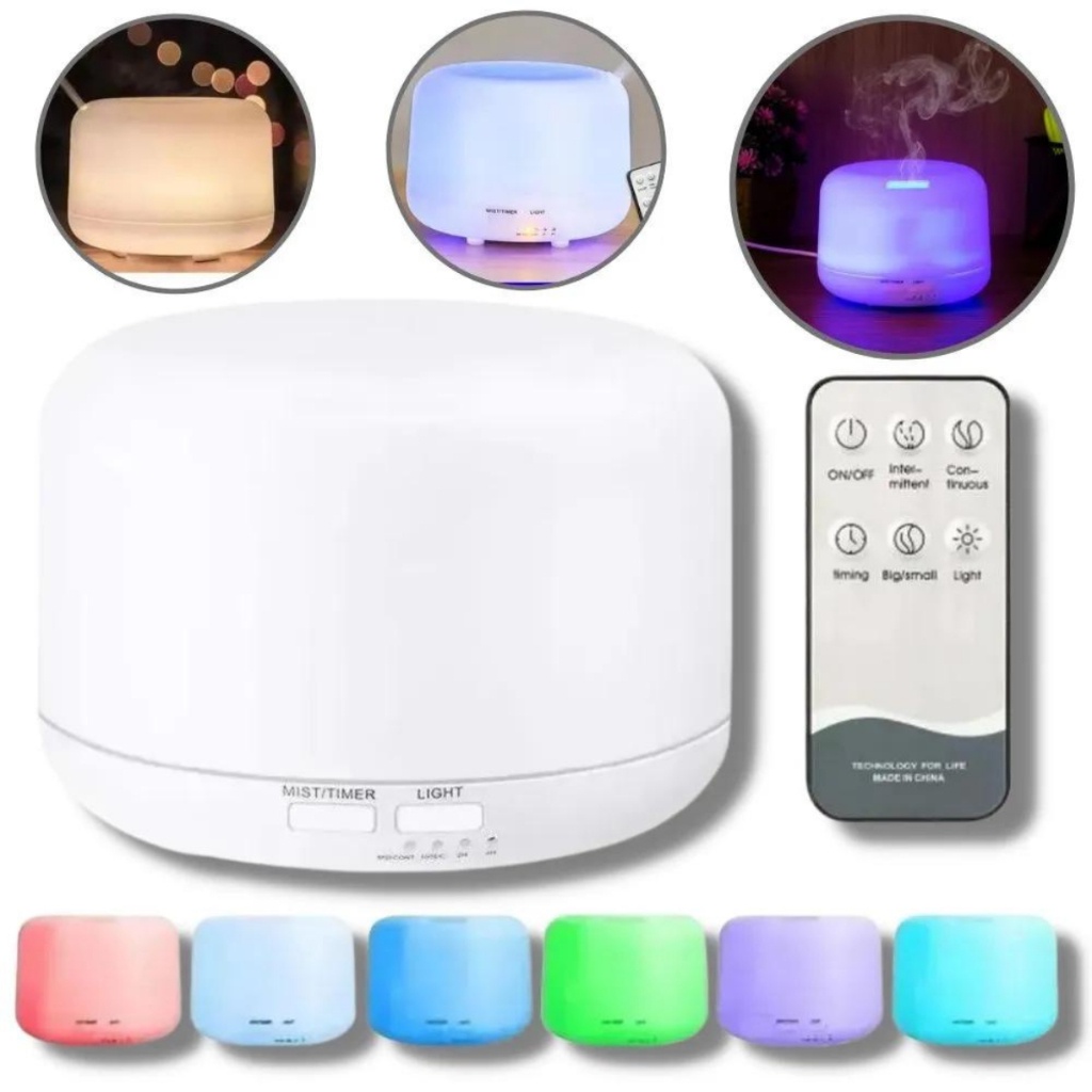 Umidificador De Ar Difusor De Aroma Aromatizador 300ml Ultrassônico Purificador Luxo Branco com Led 7 Cores Com Controle Remoto