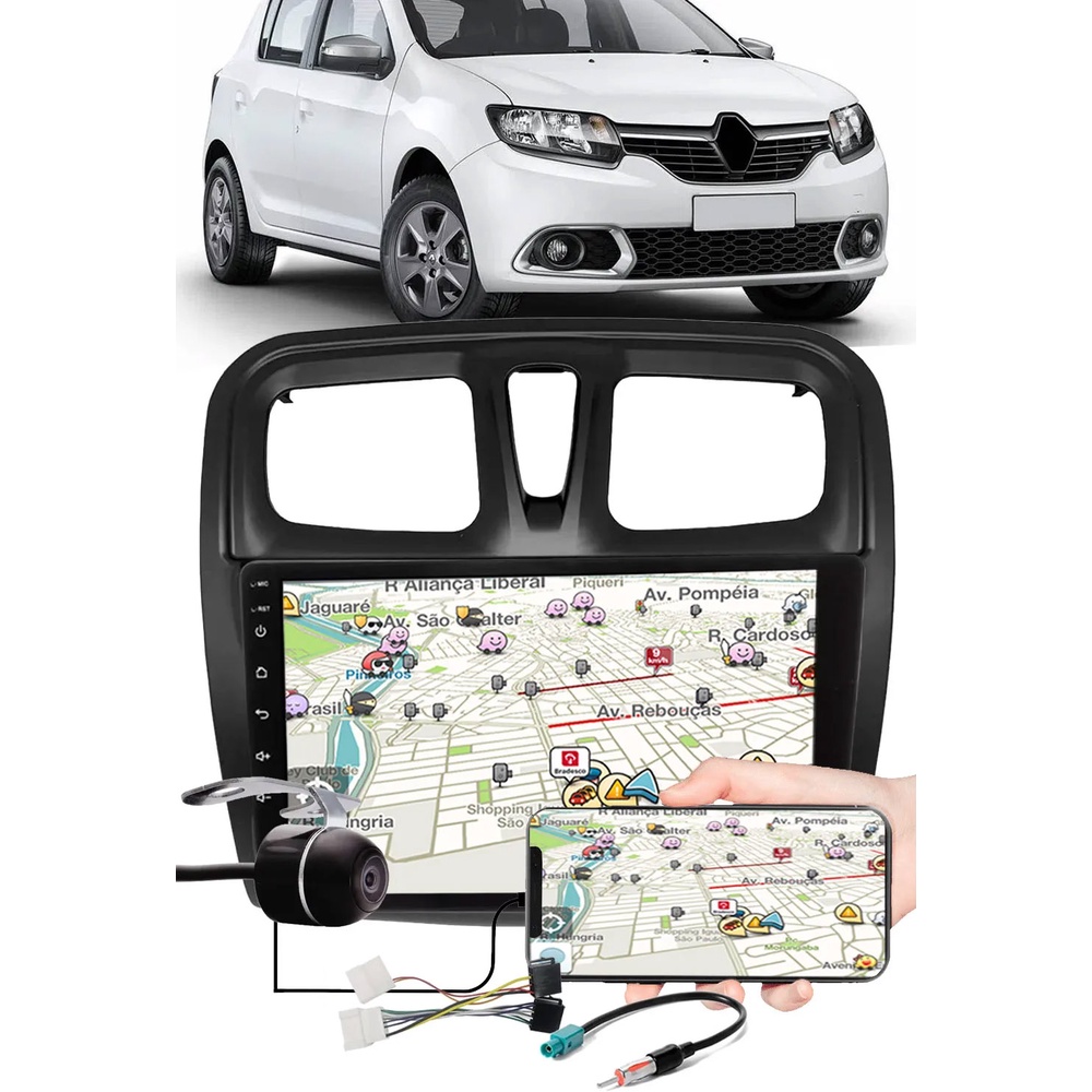 Multimídia 9" Sandero 2017 à 2021 Espelhamento USB Bluetooth Moldura Painel Interface Volante + Chicotes + Câmera de Ré