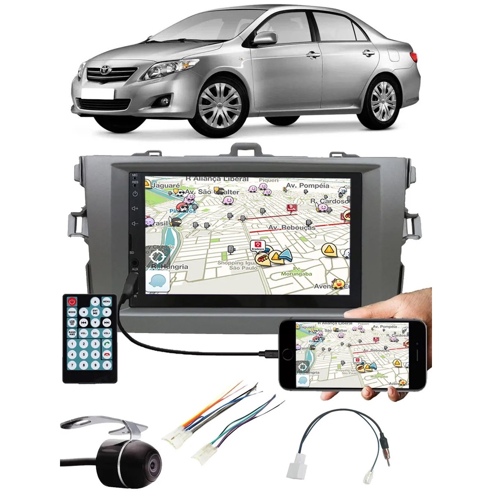 Multimídia Corolla 2009 à 2013 Espelhamento Bluetooth USB SD Card + Interface Volante + Moldura + Chicotes + Câmera Ré