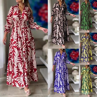 Vestido feminino Bohemia estampa manga comprida vestido longo