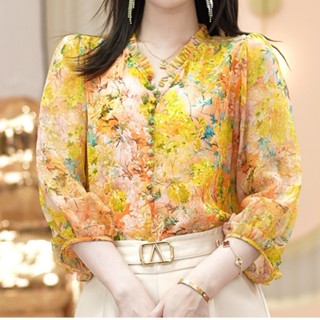 Blusa De Pescoço Em V Camisa De Meia Manga Estampada Estilo Coreano Feminino