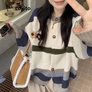 Lovito Casual Suéter Feminino Listrado com Botão Frontal LNA29004 (Multicor)