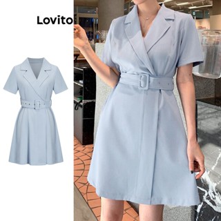 Lovito Casual Vestido Feminino Liso com Cinto L71ED235 (Azul)
