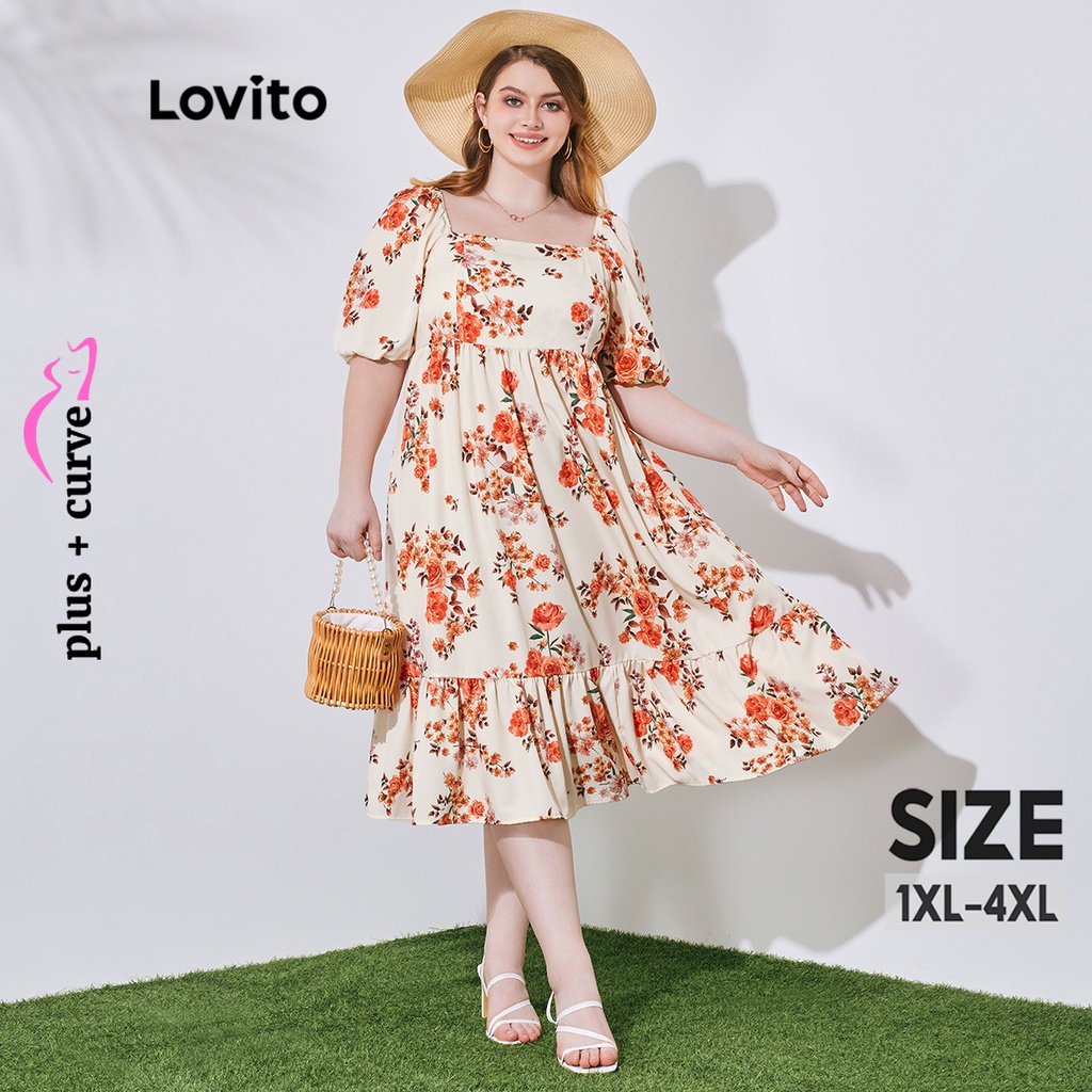 Lovito Curvas Plus Size Vestido Feminino Boho Floral com Bainha de Babados Manga Bufante e Cintura Elástica LPS08075 (Multicor)