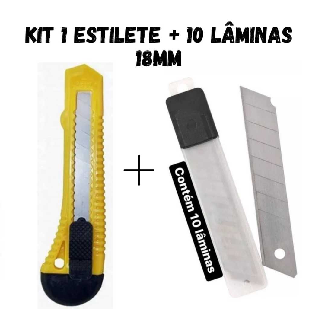 Kit Estilete grande 18mm + 10 Laminas de 18mm para escritório papelaria
