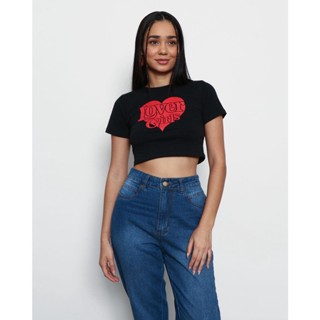 Blusa Feminina Cropped Manga Curta Estampa Lover Girls Preta
