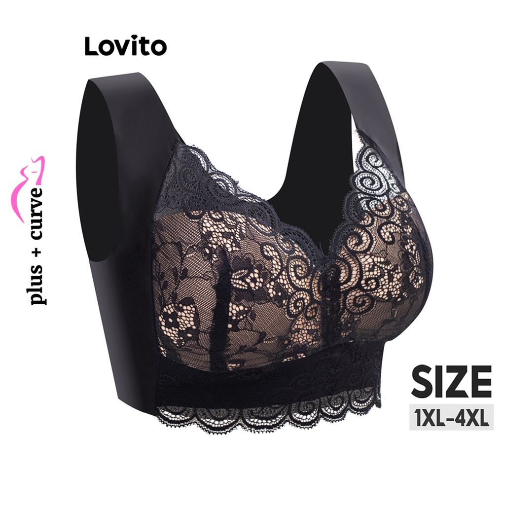 Lovito Plus Size Sutiã Feminino Casual Liso com Costura no Tecido LNE29173 (Damasco/Rosa/Azul/Preto) - Women Clothes