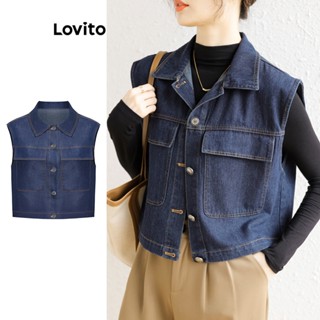 Lovito Casual Blusa Jeans com Bolsos e Botões para Mulheres L74ED003 (Azul)