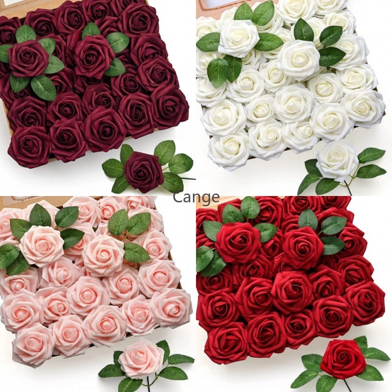 50 Pçs 8cm Artificial PE Espuma Flores Rosas Falsas Com Haste Feliz Aniversário Rosa Bolo Topper Decoração Do Festa DIY 