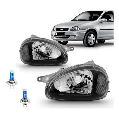KIT PAR FAROL CORSA 2001 CARCACA CINZA MOLDURA PRETA + PAR LAMPADA H4 SUPER BRANCA em Oferta na Shopee