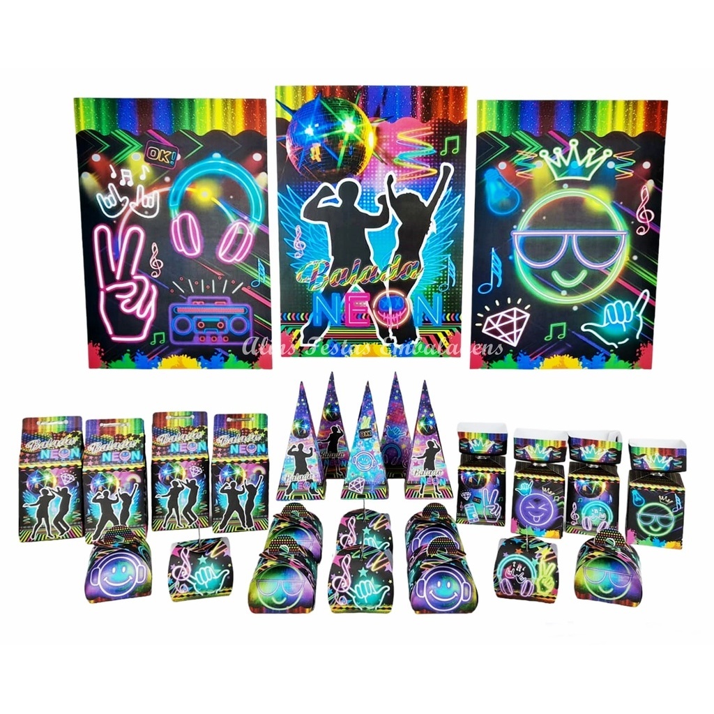 Balada Neon Kit só um bolinho 43 Itens - Balada Neon Lembrancinha Festa Neon Decoração Balada Neon