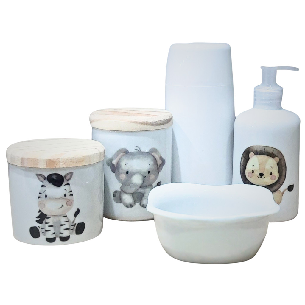 Kit higiene bebê safari 5 Pçs - Potes, porta álcool, molhadeira decorada + garrafa térmica