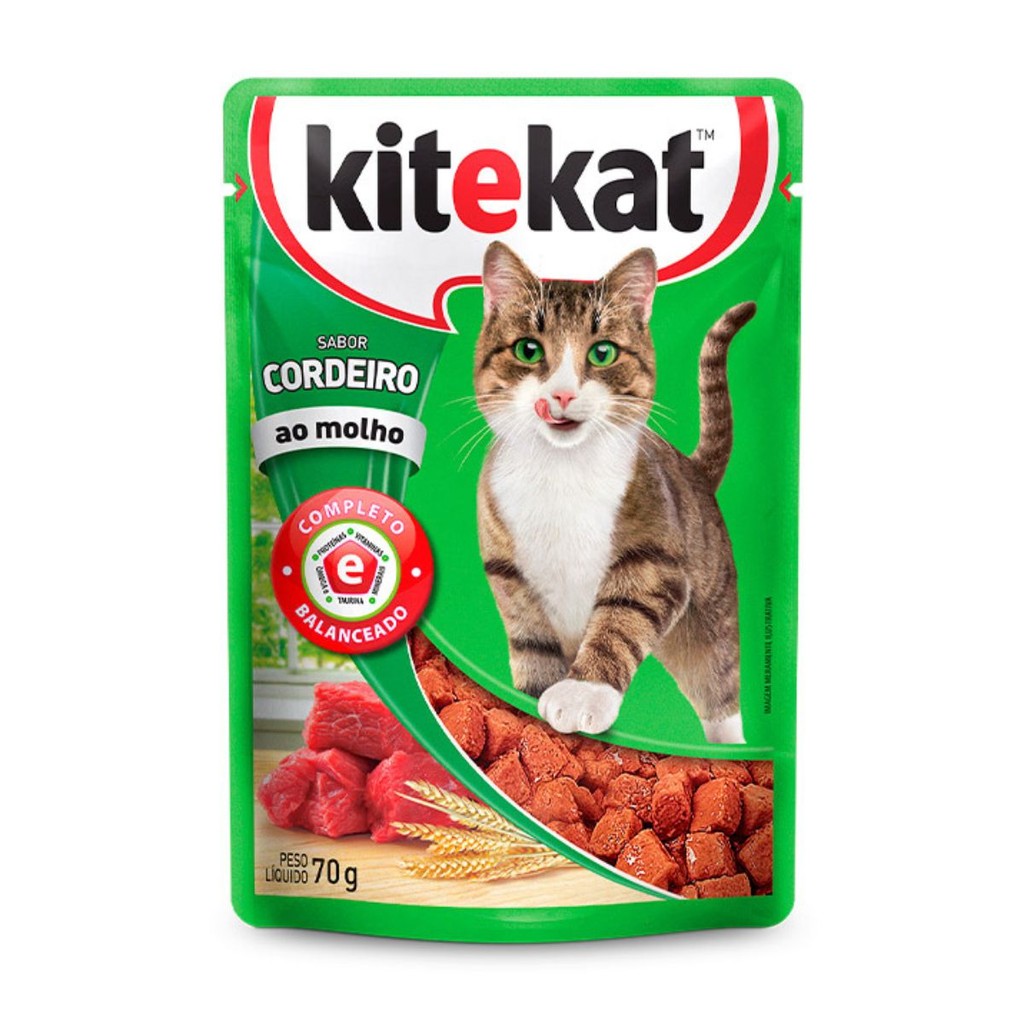 Kit 24 Sachês KiteKat Ração Gatos Alimento Úmido Sabor Cordeiro ao Molho Completo Balanceado 70g