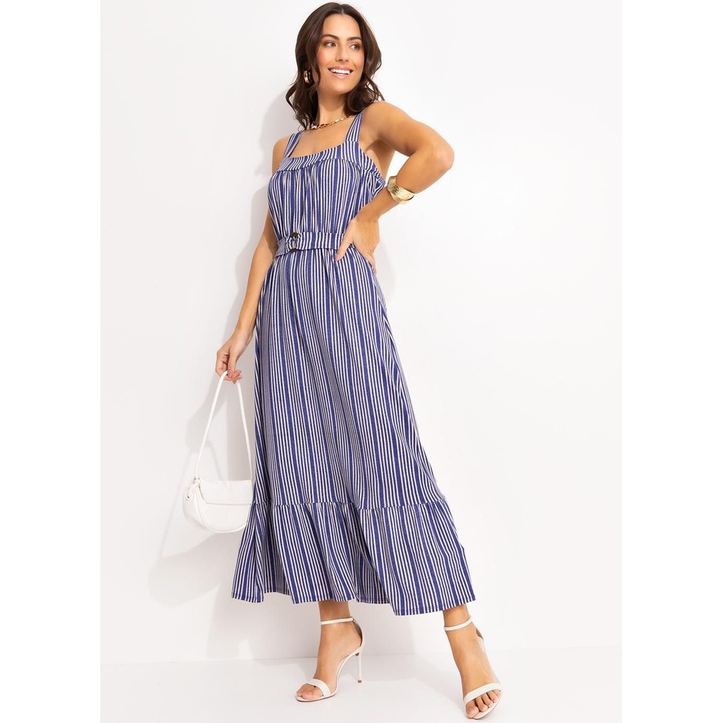 Vestido  Em Malha De Viscose Listrado Azul Quintess em Oferta na Shopee