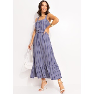 Vestido  Em Malha De Viscose Listrado Azul Quintess em Oferta na Shopee
