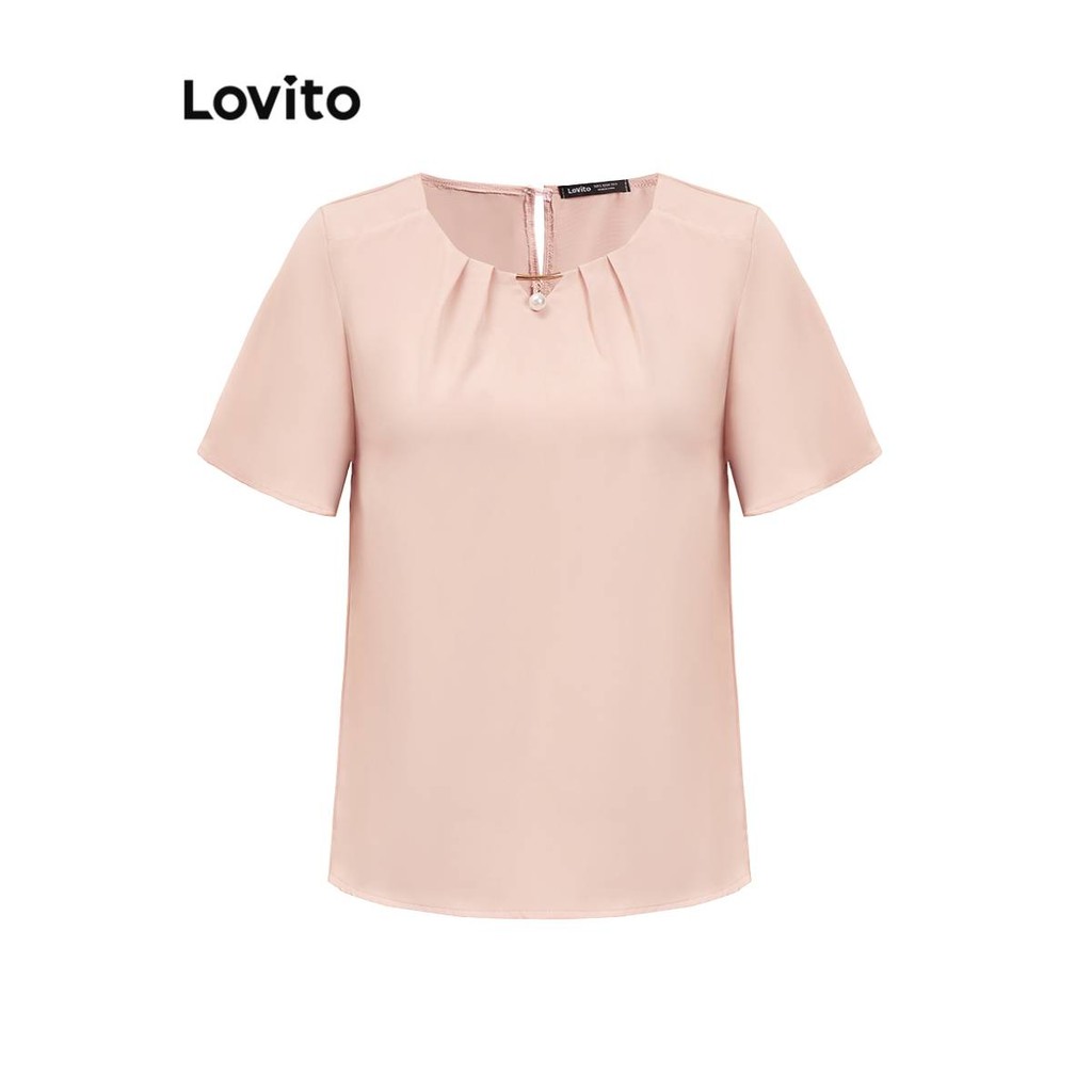 Detalhes do Lovito Blusa Elegante Plissada Lisa Feminina L91AD141