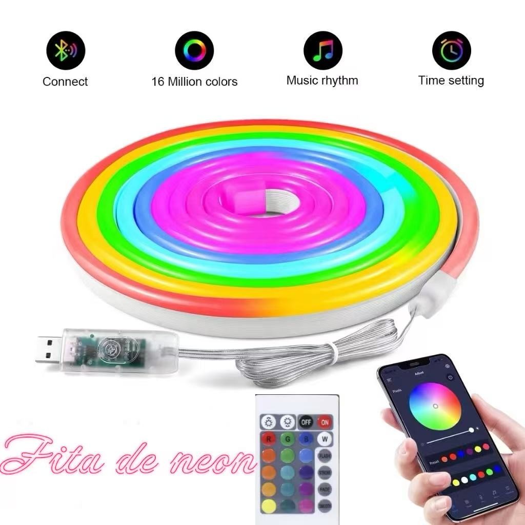 Fita De Led Neon bluetooth Rgb 5 Metros Iluminação  Pontente Flexivel Com Controle Remoto Interface USB em Oferta na Shopee