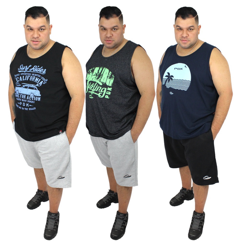 Kit 3 Regata Camiseta Plus Size Malha Penteada Estampada Masculina Praia Academia G1 G2 G3 G4