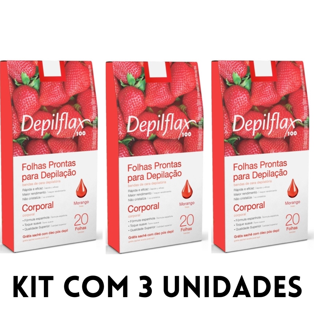 Kit 3 Caixas Folhas Depilatórias Corporal Morango 60 Unidades Depilflax