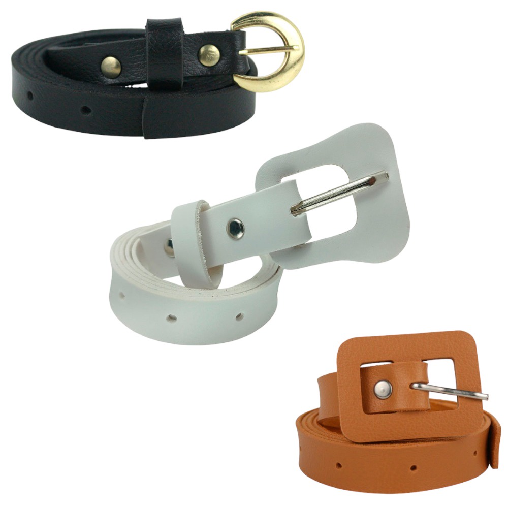 Kit 3 Cintos Feminino De Couro PU, Contém 1 Cinto Preto Com Fivela Delicada Redonda Dourada, 1 Cinto Branco Fivela Violão Com Passante Ajustável E Cinto Com Fivela Quadrada, Fácil De Combinar, Versátil, Vestido, Saia, Calças
