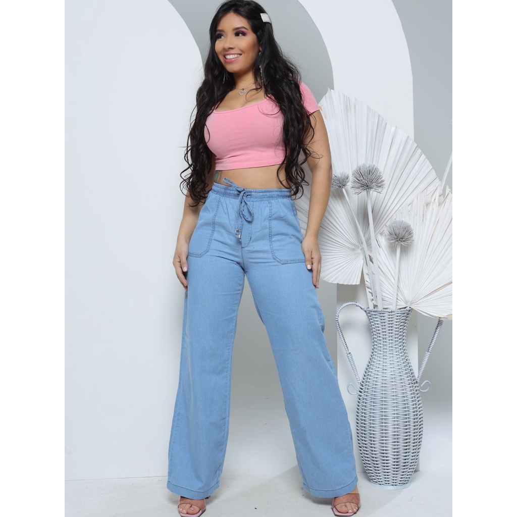 Calça Wide Leg Feminina Larga Pantalona com elástico na cintura Jeans Clara Moda Blogueira