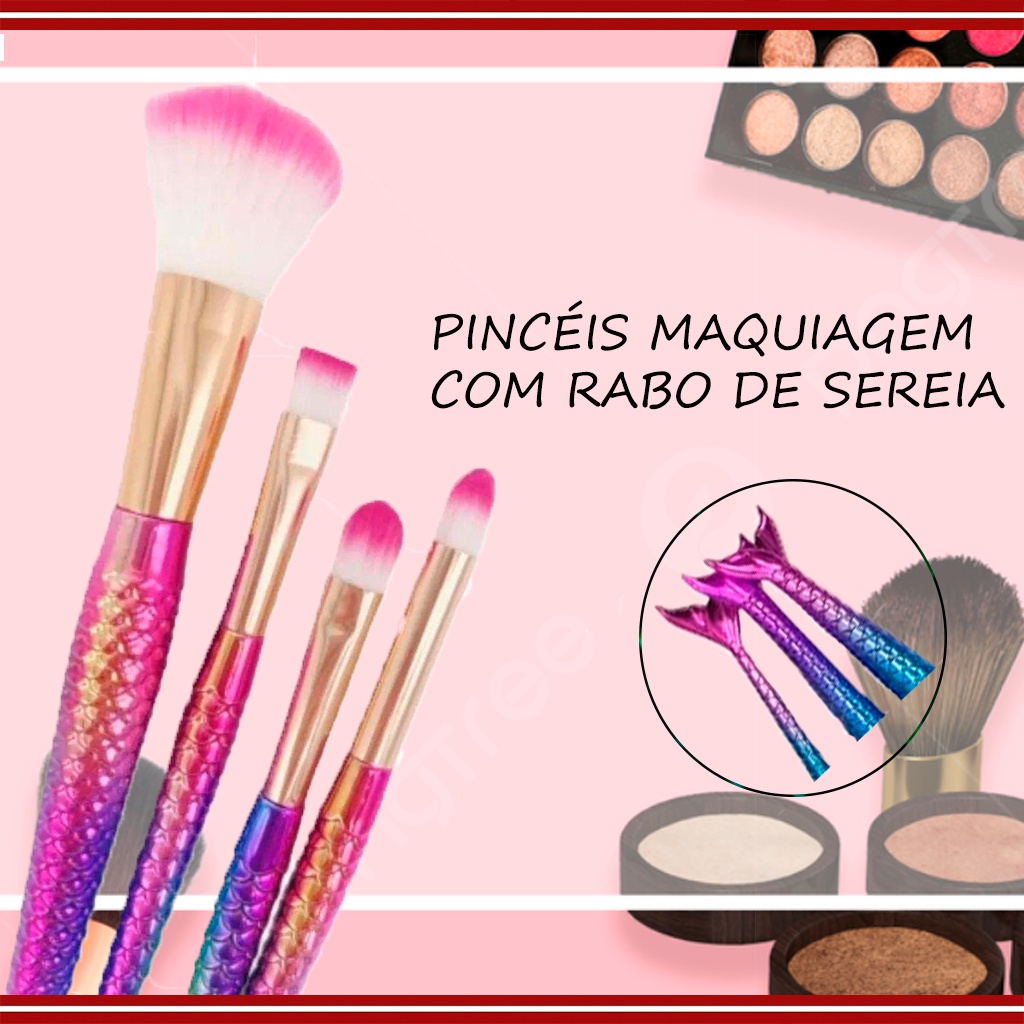 Kit 4 Pincéis De Maquiagem com Calda de Sereia Pincéis Coloridos Moda Infantil Feminina