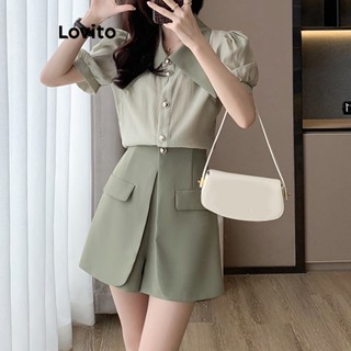 Lovito Casual Conjuntos de Shorts com Mangas Bufantes e Gola de Contraste para Mulheres LNE19055 (Verde)