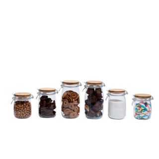 Kit de 6 potes de vidro tampa de bambu e trava 700ml, 1L e 1,5L - Oikos